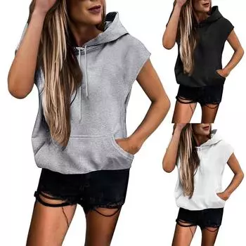 Женские летние футболки без рукавов с капюшоном, толстовки с капюшоном, свободные повседневные туники, толстовки L чёрный