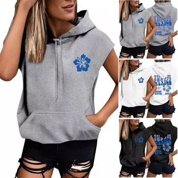 Женские летние футболки без рукавов с капюшоном, толстовки с капюшоном, свободные повседневные туники, толстовки L чёрный