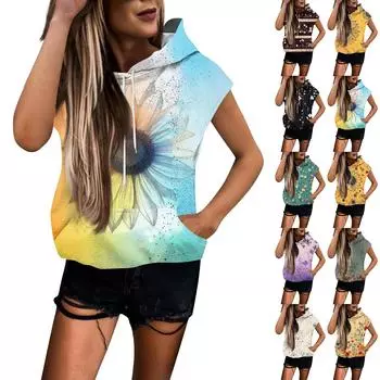 Женские летние футболки без рукавов с капюшоном, толстовки с капюшоном, свободные повседневные туники, толстовки L армия зеленый