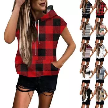 Женские летние футболки без рукавов с капюшоном, толстовки с капюшоном, свободные повседневные туники, толстовки L чёрный