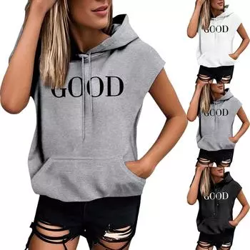 Женские летние футболки без рукавов с капюшоном, толстовки с капюшоном, свободные повседневные туники, толстовки L чёрный