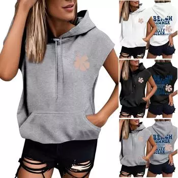 Женские летние футболки без рукавов с капюшоном, толстовки с капюшоном, свободные повседневные туники, толстовки XXL чёрный