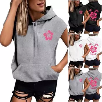 Женские летние футболки без рукавов с капюшоном, толстовки с капюшоном, свободные повседневные туники, толстовки XL чёрный