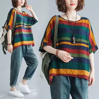 Женские летние футболки больших размеров с коротким рукавом, свободные винтажные повседневные рубашки из хлопка и льна с цветочным принтом в стиле пэчворк one size