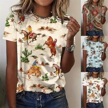 Женские летние футболки с цифровым принтом и абстрактным принтом персонажей, футболка с коротким рукавом, женский винтажный топ M