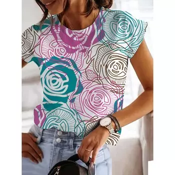 Женские летние футболки с круглым вырезом и короткими рукавами, красочные цветочные принты, модные свободные повседневные топы, повседневные офисные футболки, пуловеры, S-3XL M
