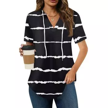 Женские летние футболки с V-образным вырезом, толстовки с коротким рукавом, туники, повседневные свободные туники, толстовки L чёрный