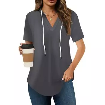 Женские летние футболки с V-образным вырезом, толстовки с коротким рукавом, туники, повседневные свободные туники, толстовки S