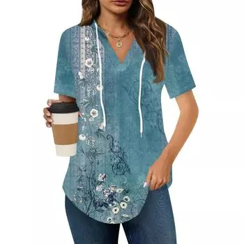 Женские летние футболки с V-образным вырезом, толстовки с коротким рукавом, туники, повседневные свободные туники, толстовки M синий