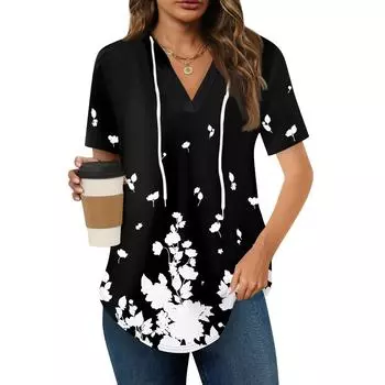 Женские летние футболки с V-образным вырезом, толстовки с коротким рукавом, туники, повседневные свободные туники, толстовки M чёрный