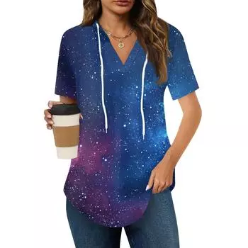 Женские летние футболки с V-образным вырезом, толстовки с коротким рукавом, туники, повседневные свободные туники, толстовки XL синий