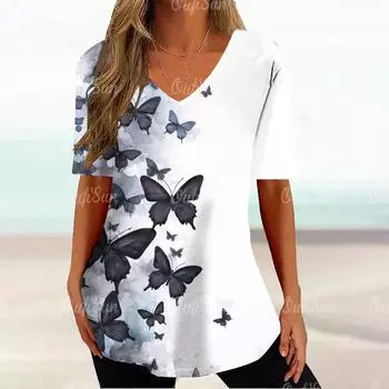 Женские летние футболки с V-образным вырезом, модная женская одежда, простая футболка с принтом бабочек, свободные топы с коротким рукавом, блузка S