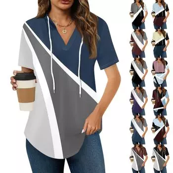 Женские летние футболки с V-образным вырезом, толстовки с коротким рукавом, туники, повседневные свободные туники, толстовки L чёрный