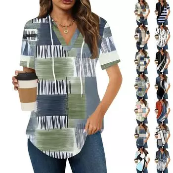 Женские летние футболки с V-образным вырезом, толстовки с коротким рукавом, туники, повседневные свободные туники, толстовки L армия зеленый