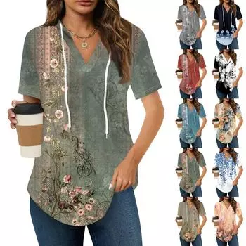 Женские летние футболки с V-образным вырезом, толстовки с коротким рукавом, туники, повседневные свободные туники, толстовки L армия зеленый