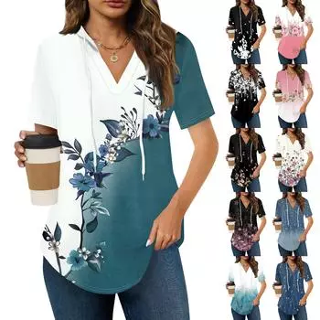 Женские летние футболки с V-образным вырезом, толстовки с коротким рукавом, туники, повседневные свободные туники, толстовки L чёрный