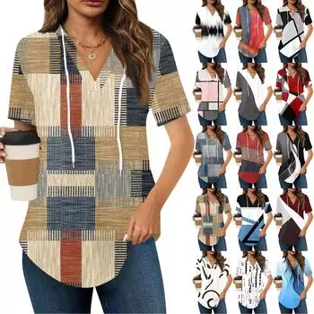 Женские летние футболки с V-образным вырезом, толстовки с коротким рукавом, туники, повседневные свободные туники, толстовки XXL