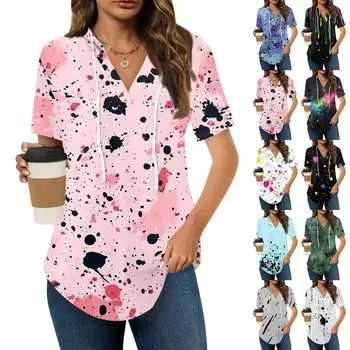 Женские летние футболки с V-образным вырезом, толстовки с коротким рукавом, туники, повседневные свободные туники, толстовки L зелёный