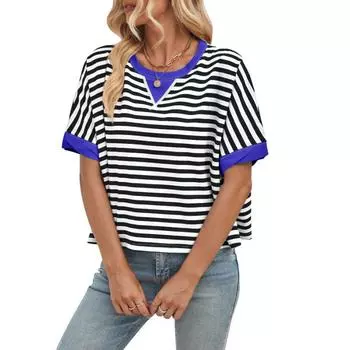 Женские летние футболки свободного покроя в полоску с цветными блоками и круглым вырезом с рукавами «летучая мышь» S