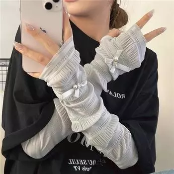 Женские летние гетры с кружевным бантом и жемчугом, длинные рукава, 2024, повседневные дышащие солнцезащитные манжеты с защитой от ультрафиолета, держатель для рукавов для вождения серый