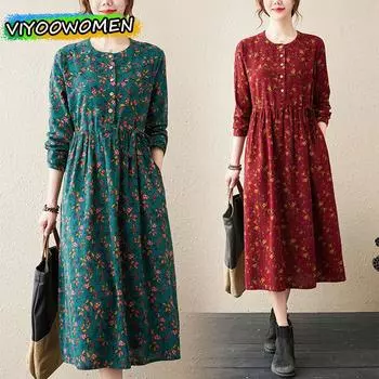 Женские летние хлопковые и льняные платья с длинными рукавами, винтажные платья с цветочным принтом для женщин, повседневное свободное весенне-осеннее платье, элегантная одежда M кофейный