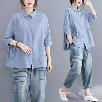 Женские летние хлопковые льняные повседневные рубашки простого фасона однотонные свободные удобные женские топы XXXL синий