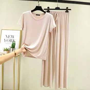 Женские летние хлопковые пижамы из модала с короткими рукавами, тонкие стильные повседневные широкие брюки, свободная домашняя одежда, костюм из двух предметов XL