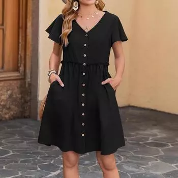 Женские летние хлопковые пляжные повседневные платья А-силуэта с пуговицами и рукавами-бабочками и карманами S синий