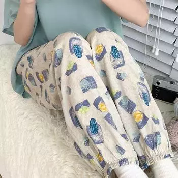 Женские летние хлопковые шелковые антимоскитные свободные пляжные шаровары пижамные штаны One Size (90-140lbs)