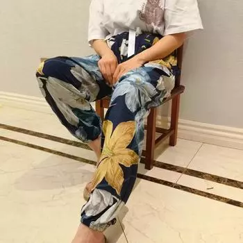 Женские летние хлопковые шелковые антимоскитные свободные пляжные шаровары пижамные штаны Plus Size (120-160lbs)