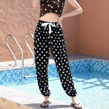 Женские летние хлопковые шелковые антимоскитные свободные пляжные шаровары пижамные штаны One Size (90-140lbs)