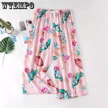 Женские летние хлопковые шелковые пижамные брюки, широкие укороченные брюки, свободные повседневные брюки с принтом большого размера M зелёный