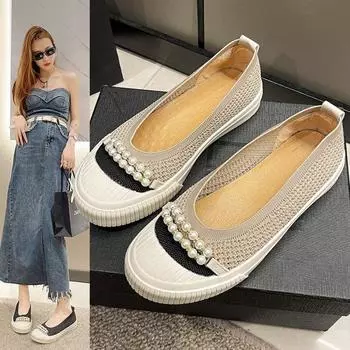Женские летние и осенние лоферы на плоской подошве с жемчужной цепочкой и жемчужной цепочкой. Легкие трикотажные лоферы без шнуровки, дышащие мягкие удобные туфли на плоской подошве 35 чёрный