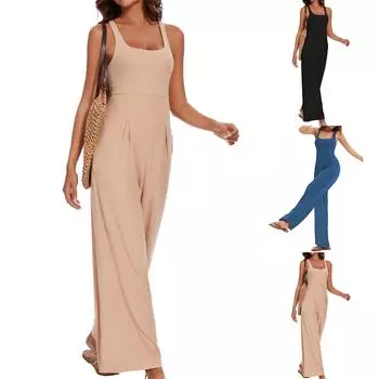 Женские летние комбинезоны без рукавов, повседневные, с высокой талией, квадратным вырезом, широкими штанинами, длинные брюки, комбинезоны M бежевый