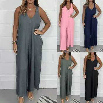 Женские летние комбинезоны без рукавов, свободные хлопковые льняные комбинезоны с V-образным вырезом, комбинезоны с карманами L