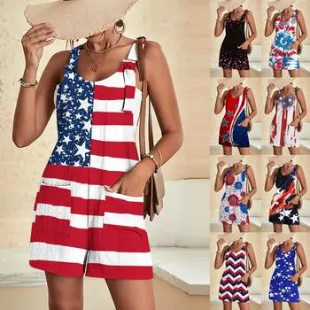 Женские летние комбинезоны, короткие брюки, модные повседневные цельные брюки с винтажным принтом L чёрный