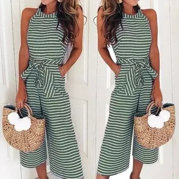 Женские летние комбинезоны, модный облегающий комбинезон без рукавов с круглым вырезом, свободный широкий полосатый комбинезон на шнуровке с карманами XXXL чёрный