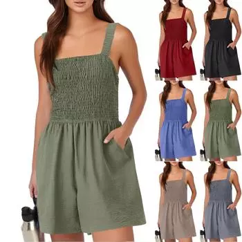 Женские летние комбинезоны с квадратным вырезом без рукавов, нарядные повседневные комбинезоны, платья, пляжная одежда с карманами S чёрный