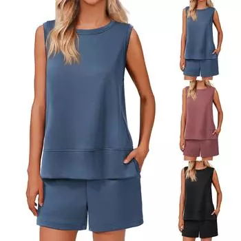 Женские летние комплекты без рукавов, топы, спортивные костюмы, шорты на шнурках, спортивные костюмы S синий