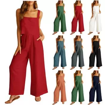 Женские летние комплекты из 2 предметов, базовый топ без рукавов с круглым вырезом и пуговицами сзади, укороченные широкие брюки, комплект с карманами M оранжевый