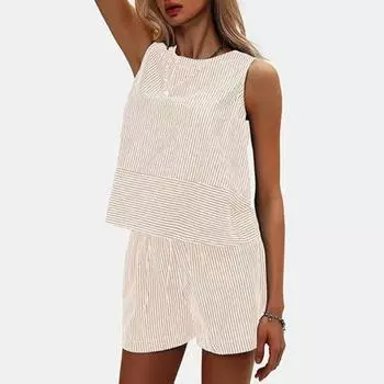 Женские летние комплекты из 2 предметов: майка без рукавов, шорты, повседневные полосатые спортивные костюмы, комплект для отпуска на пляже S розовый