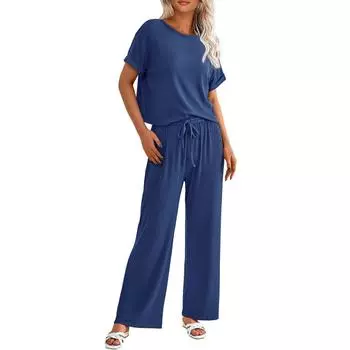 Женские летние комплекты из 2 предметов, вязаные футболки с короткими рукавами, широкие брюки, спортивный костюм, повседневная одежда