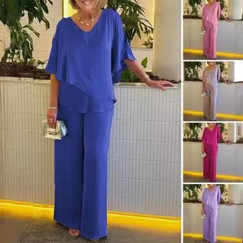 Женские летние комплекты из двух частей с V-образным вырезом и неровным многослойным подолом, широкие штанины L хаки