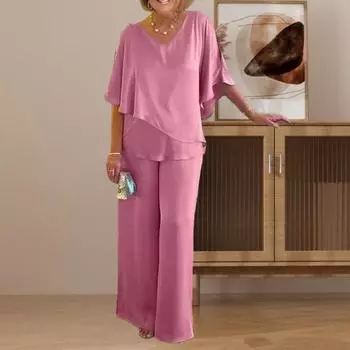 Женские летние комплекты из двух частей: топ с V-образным вырезом, неровный многослойный подол, широкие брюки, повседневный свободный домашний костюм 2XL хаки