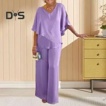 Женские летние комплекты из двух частей: топ с V-образным вырезом, неровный многослойный подол, широкие брюки, повседневный свободный домашний костюм L синий