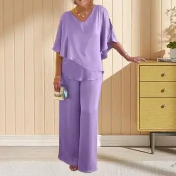 Женские летние комплекты из двух частей: топ с V-образным вырезом, неровный многослойный подол, широкие брюки, повседневный свободный домашний костюм L розы красного