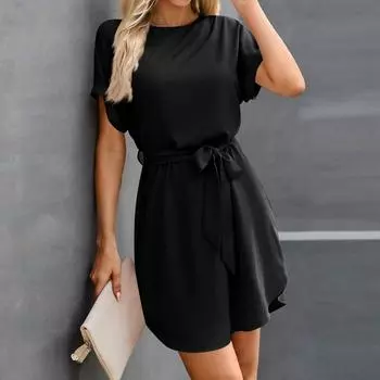Женские летние короткие платья с круглым вырезом, повседневное платье с рукавами «летучая мышь», с поясом для женщин S чёрный