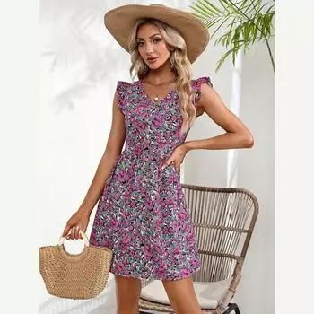 Женские летние короткие платья с v-образным вырезом и короткими пуговицами без рукавов с цветочным принтом на талии S фиолетовый