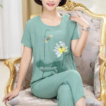 Женские летние костюмы с короткими рукавами и цветочным принтом, пижамы больших размеров, ночное белье