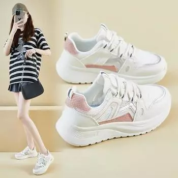 Женские летние кроссовки из дышащей сетки. Удобные кроссовки на шнуровке. Прогулочные туфли из искусственной кожи на массивной платформе. Нескользящие женские теннисные кроссовки. 35